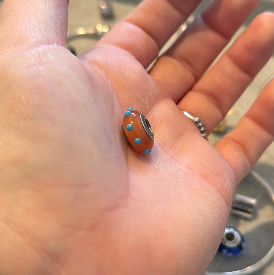 Genuine Pandora Orange Seeing Spots Murano Charm with Baby Blue Spots