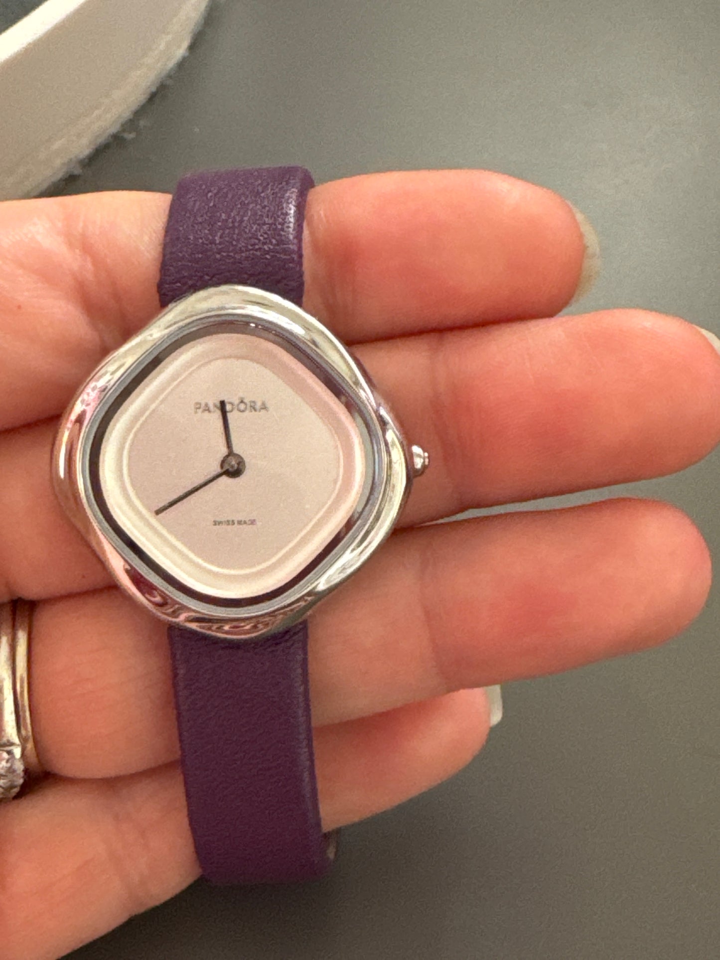 Genuine Pandora Black Crown Diamond Liquid Silver Hardware Watch with Purple Leather Strap