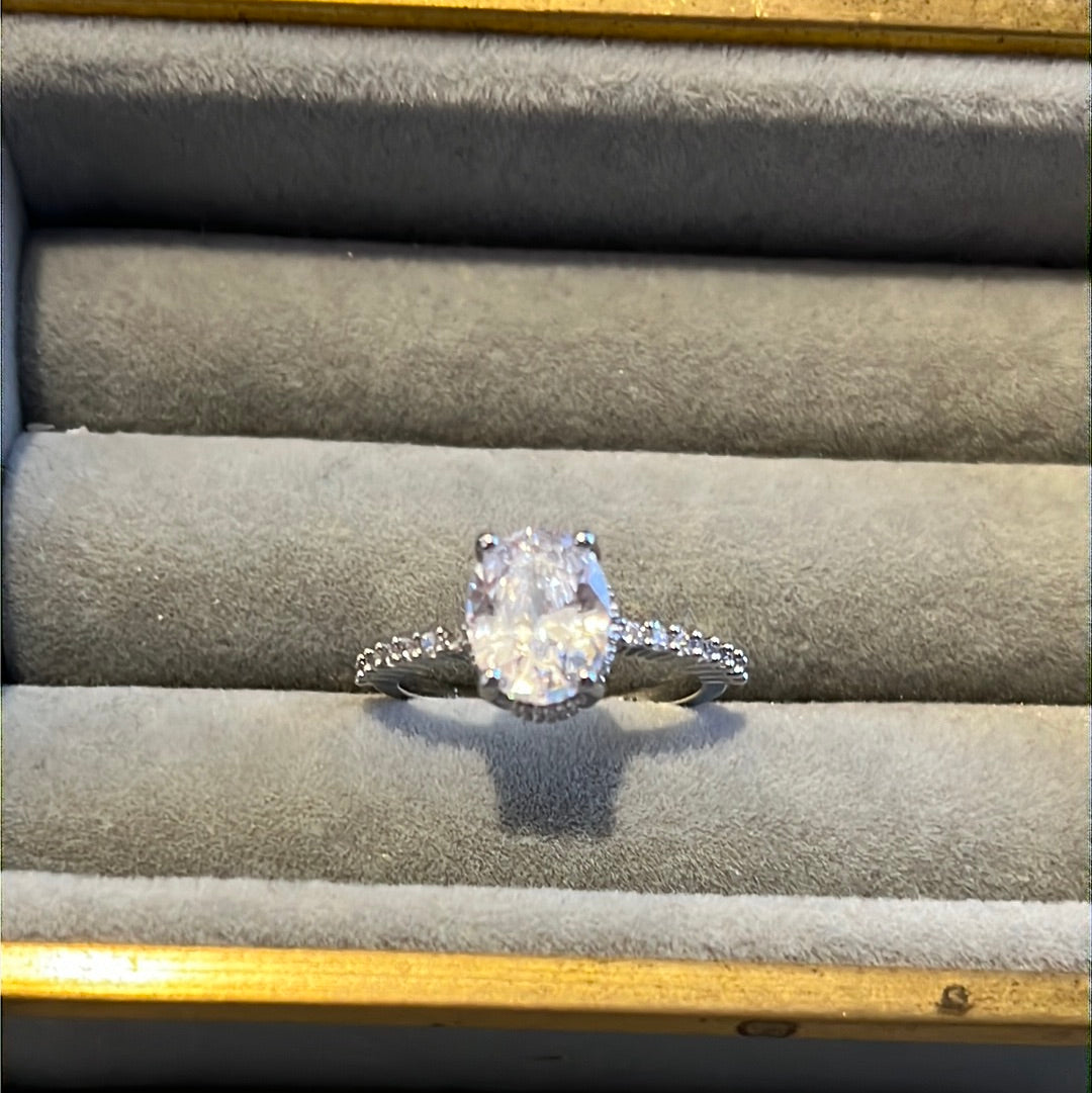 Brand New Silver Plated Pave CZ Oval Stone Ring 58