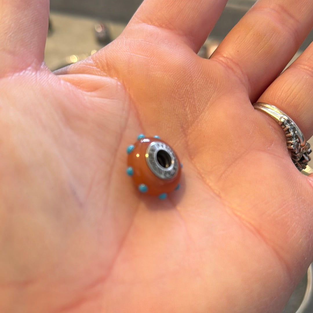 Genuine Pandora Orange Seeing Spots Murano Charm with Baby Blue Spots