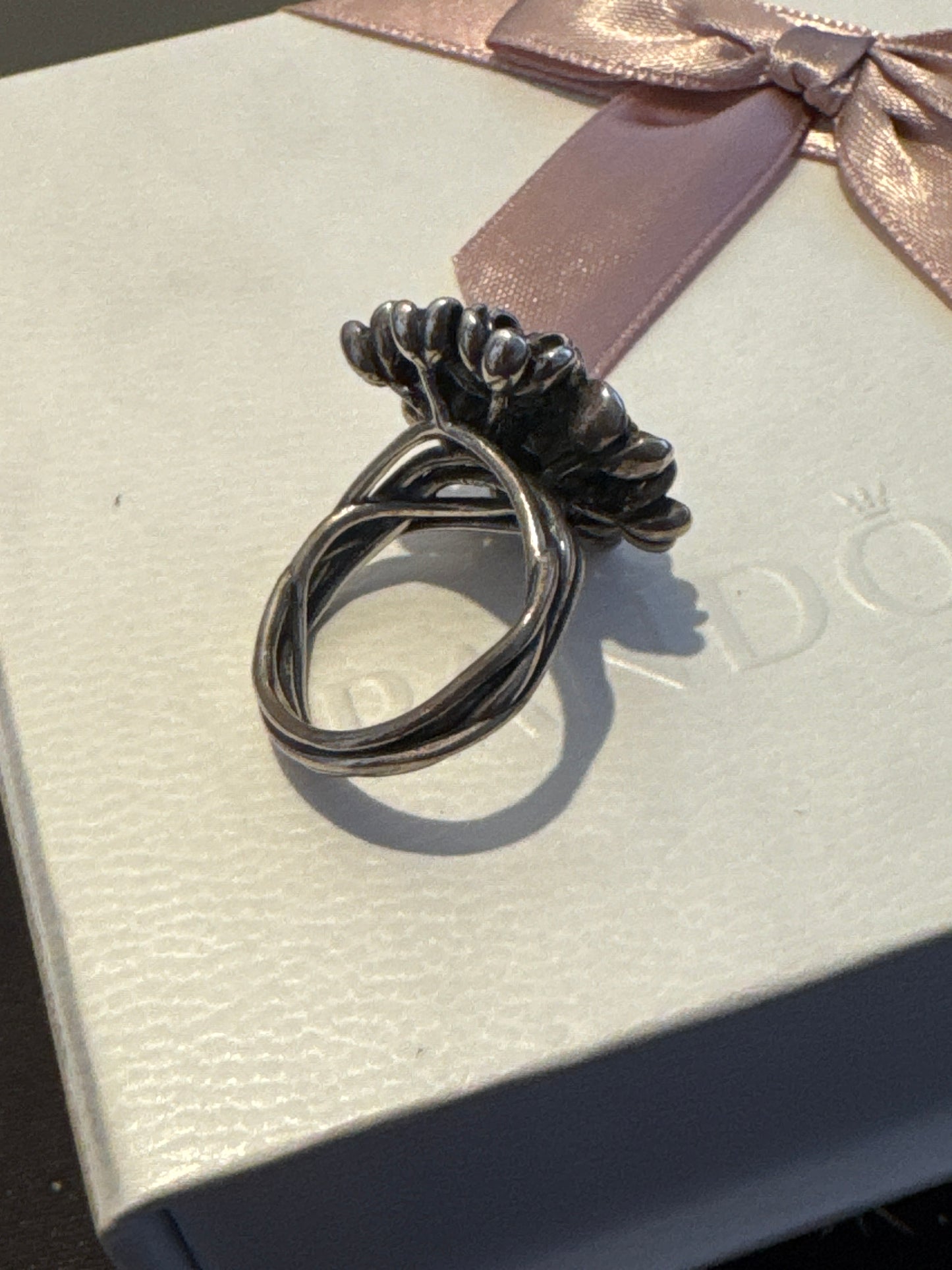 Genuine Pandora Two Tone Black Spinel Forever Bloom Ring HYPER RARE 58