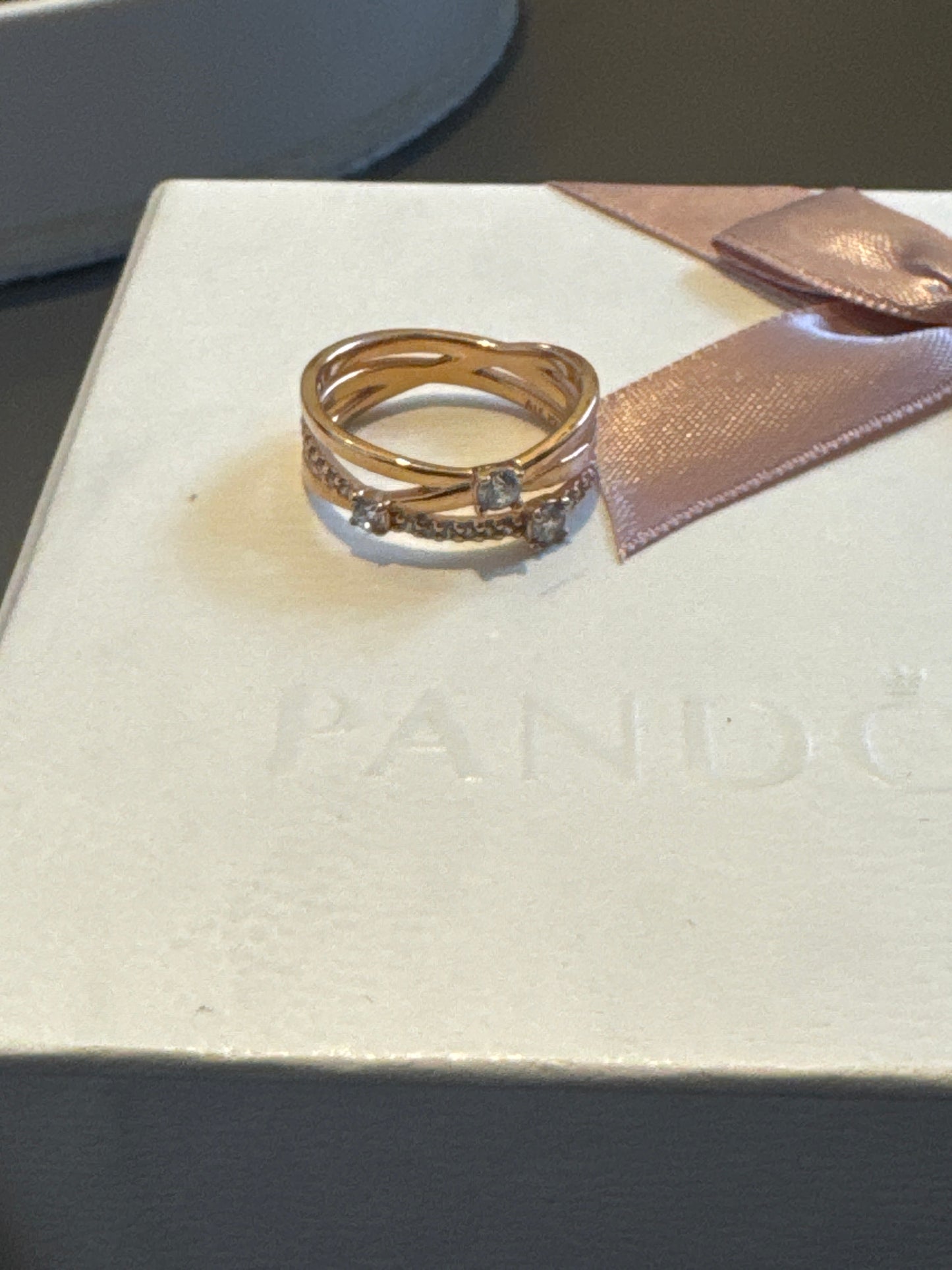 Genuine Pandora Rose Gold / Silver Large Sparkling Crossover Ring Statement Size 56