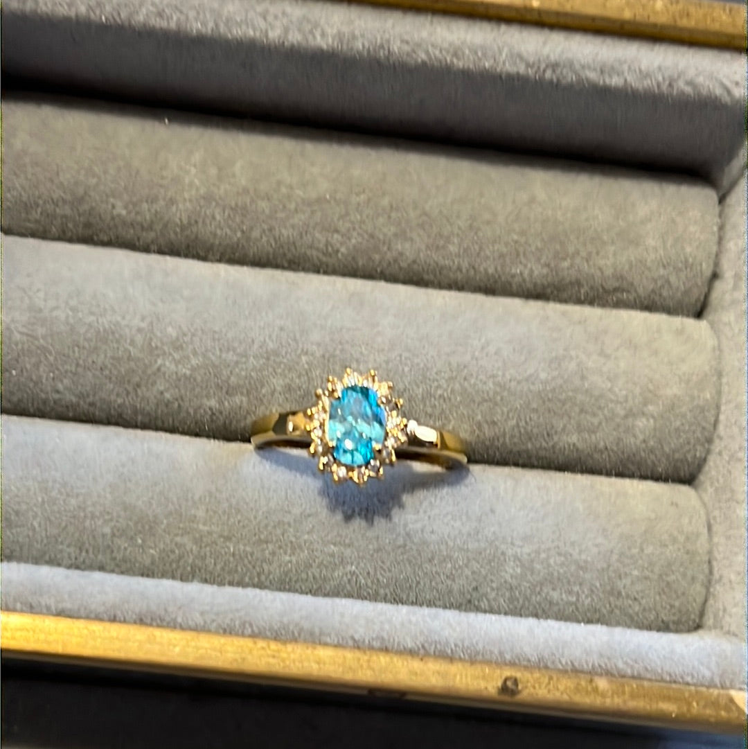 Brand New Gold Plated Pave Light Blue Oval CZ Heart Ring 54
