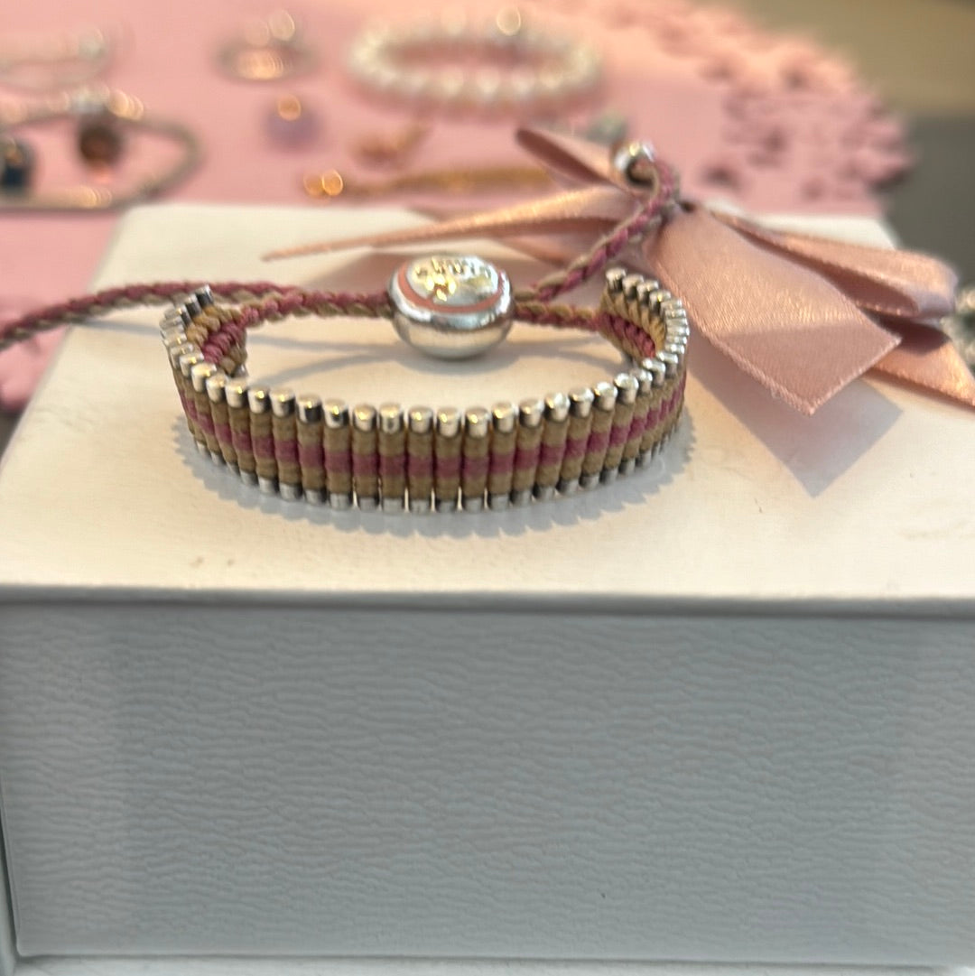 Genuine Links of London Sterling Silver Bracelet Cord Friendship Bar Pink and Cream