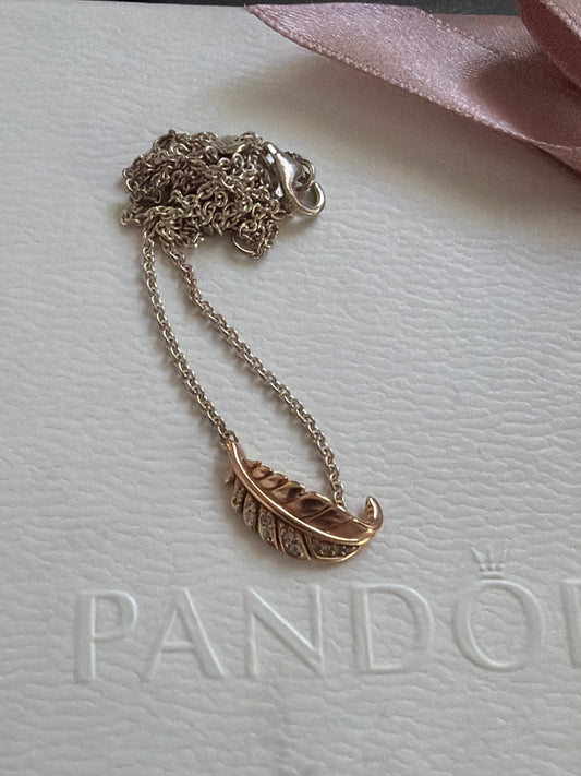 Genuine Pandora Rose Gold Pave Leaf Pendant Necklace
