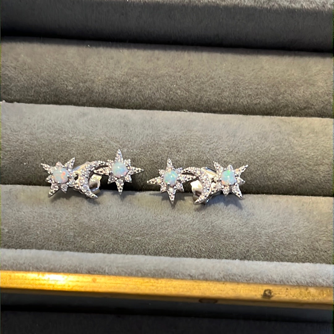 Sterling Silver Beautiful Blue Opal and CZ Moon and Star Creeper Earrings