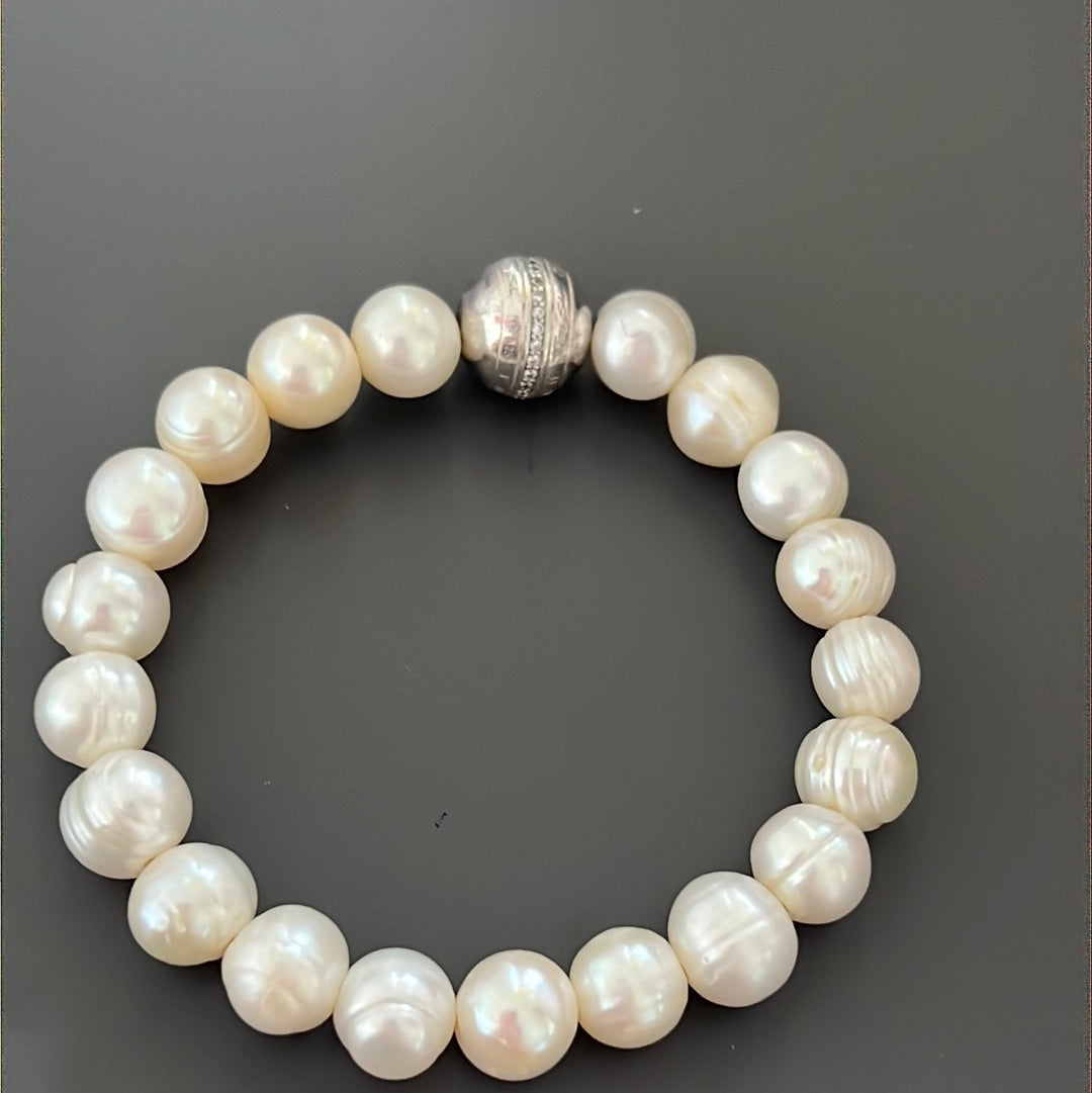 Thomas Sabo Sterling Silver White Pearl Bracelet With Silver and Pave Charm Ball Medium