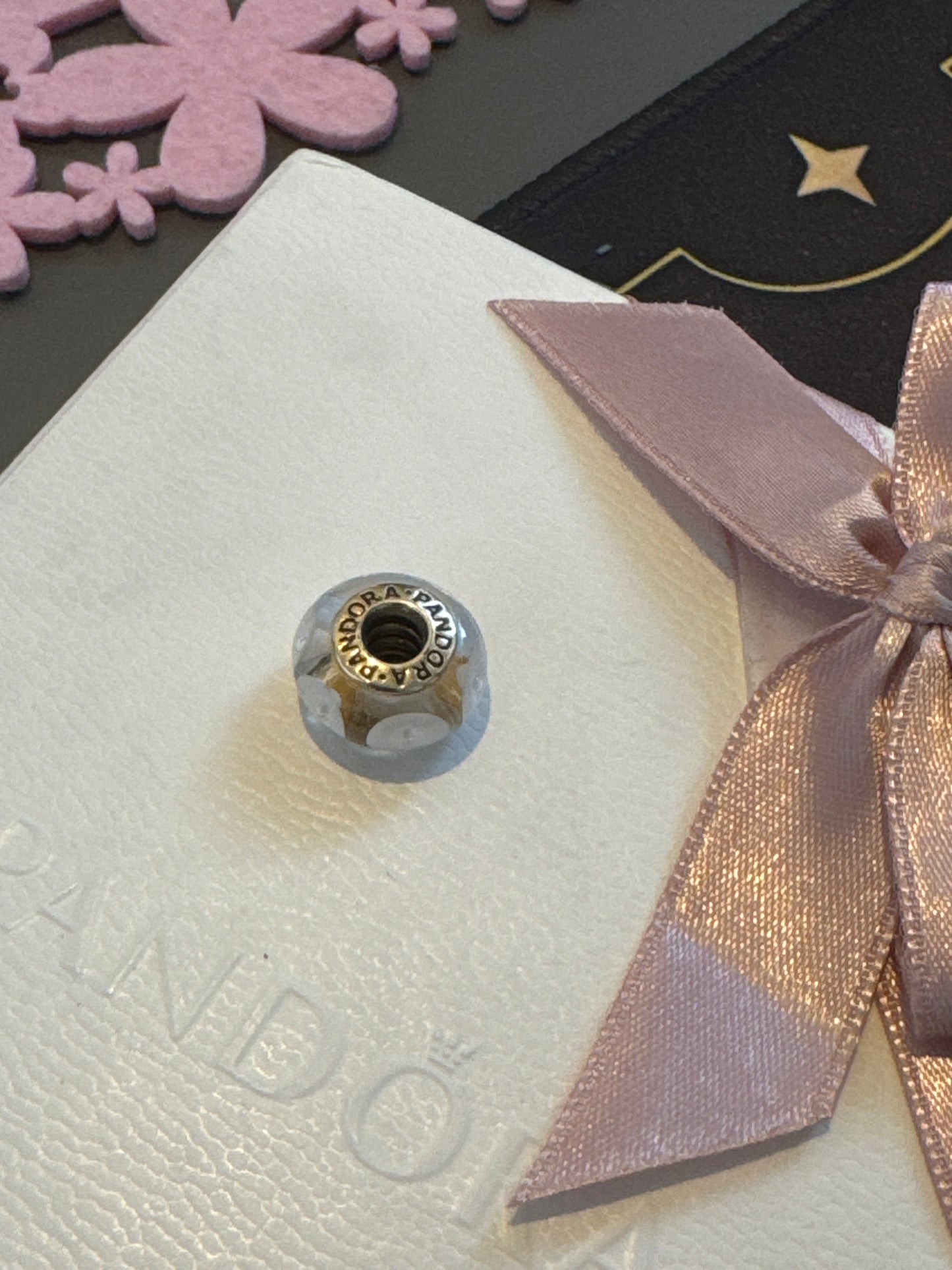Genuine Pandora Solid 14ct White Dotted Gold Glass Mystic Murano Charm HTF
