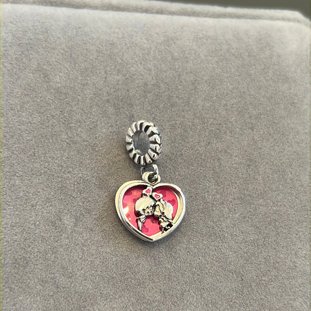 Sterling Silver Pink Enamel Heart Boyfriend and Girlfriend Couple Dangle Charm
