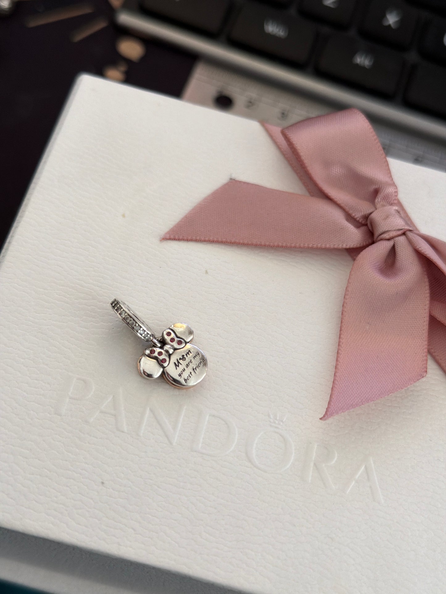 Genuine Pandora Disney Pave Minnie Mouse Mum Rose Gold Enamel Dangle Charm