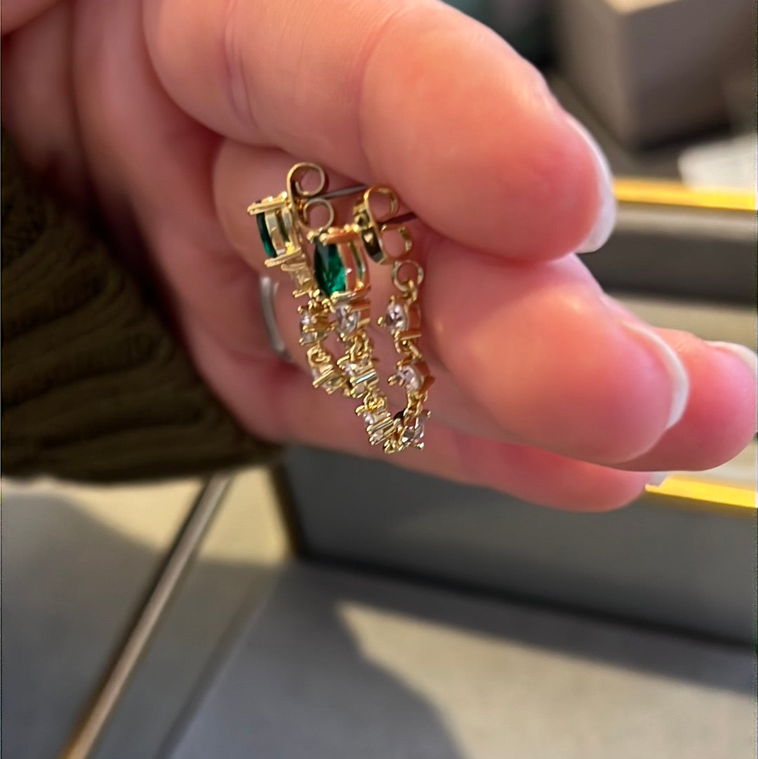 Brand New 14kt Gold Plated Green & Clear Stone Earrings Cuff
