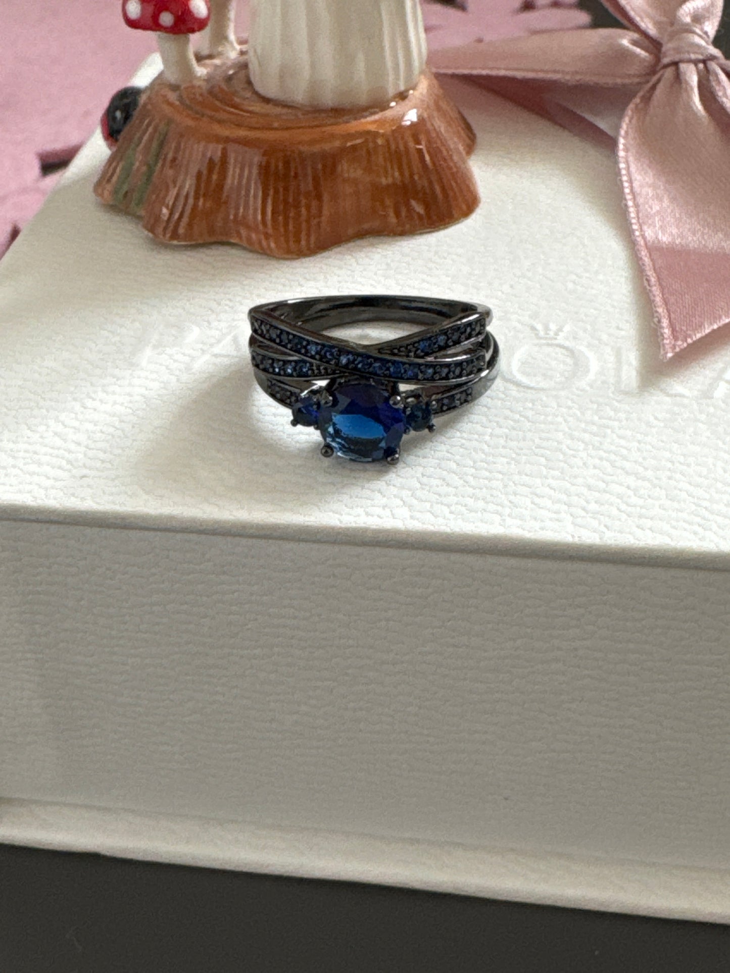 Sterling Silver Oxidised Black - Blue Stone Pave CZ Ring Set Size  54-56