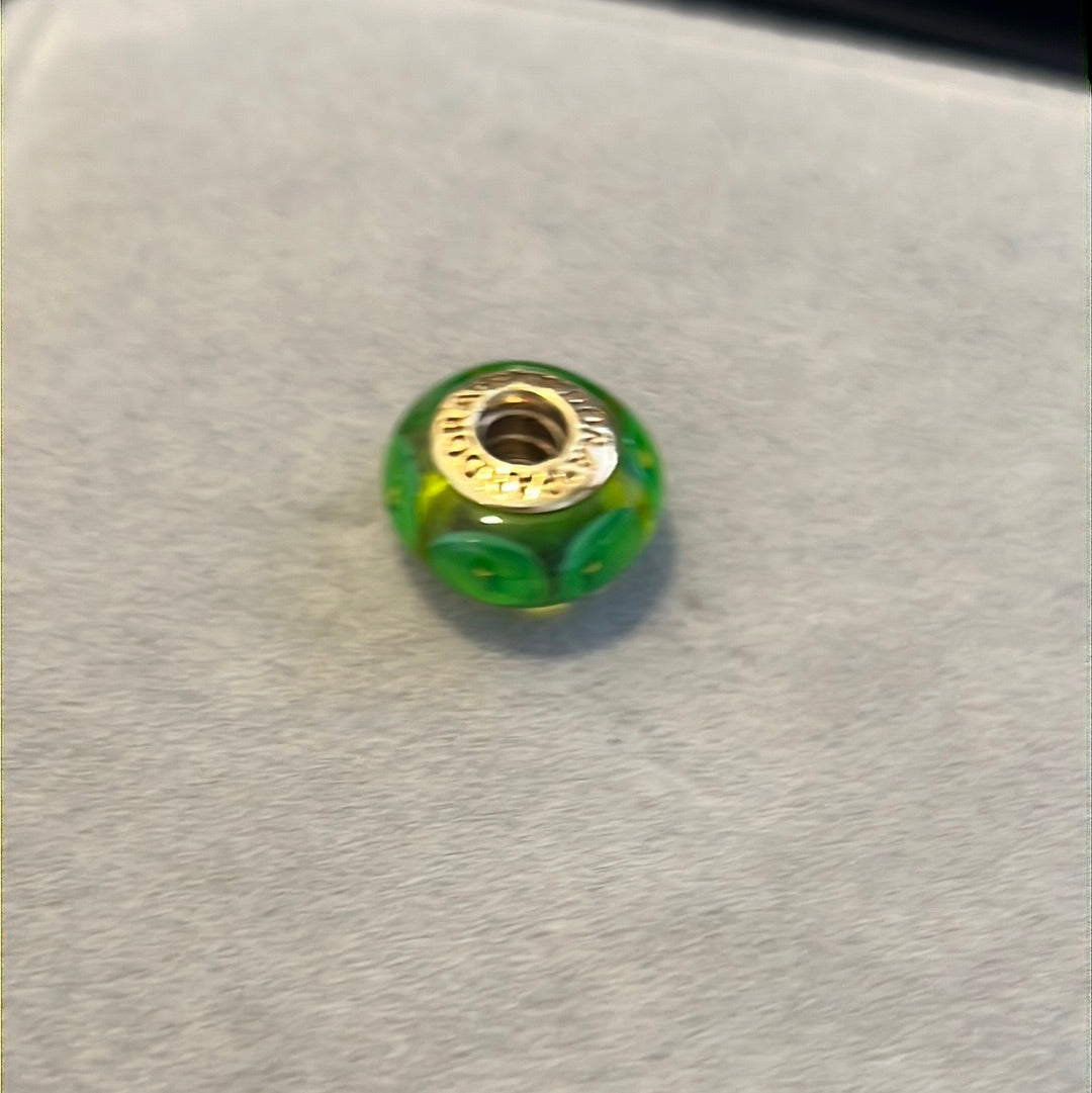 Genuine Pandora Solid 14ct Green Dotted Gold Glass Mystic Murano Charm HTF