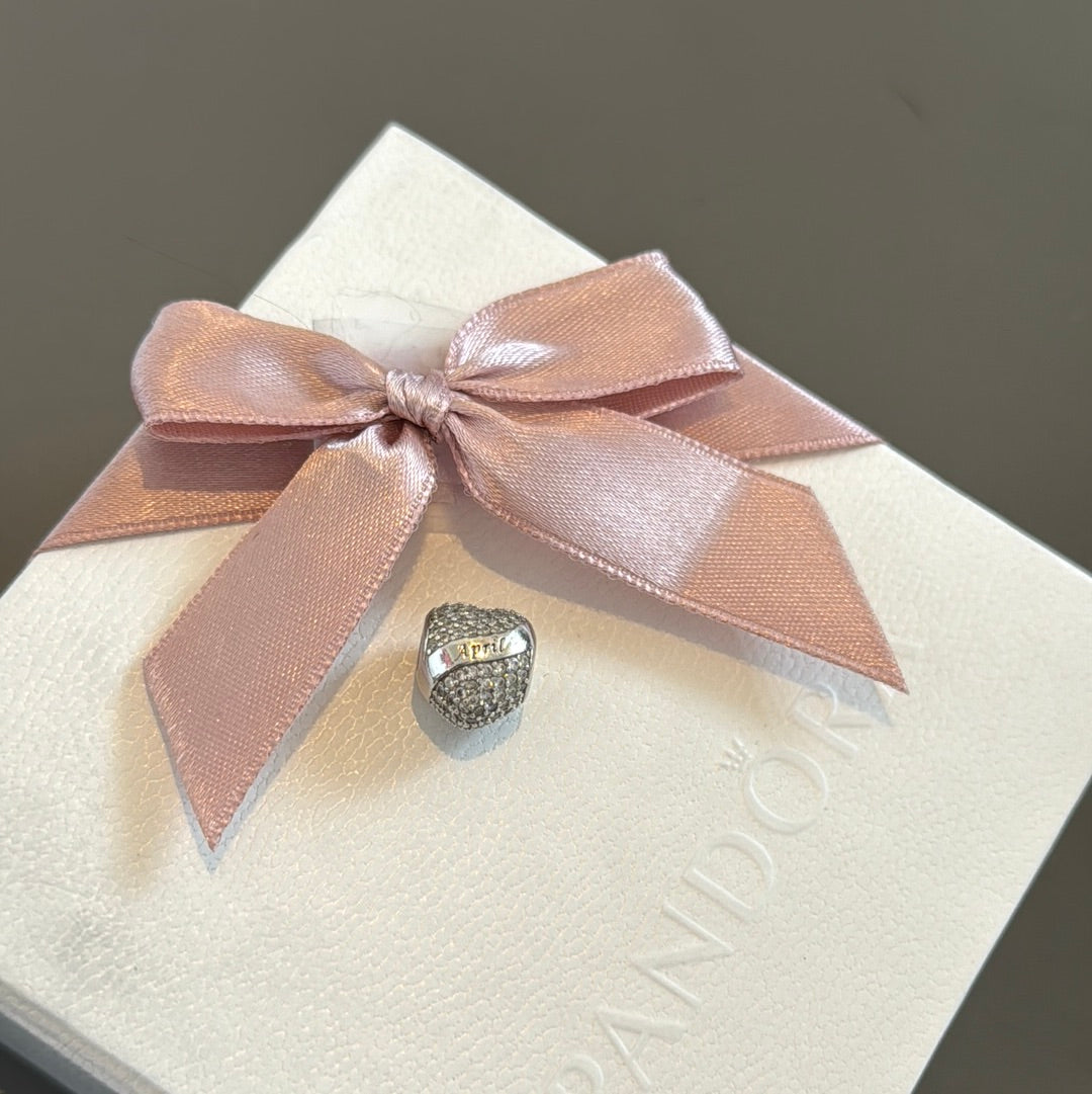 Sterling Silver Clear Pave Heart April Birthstone Charm