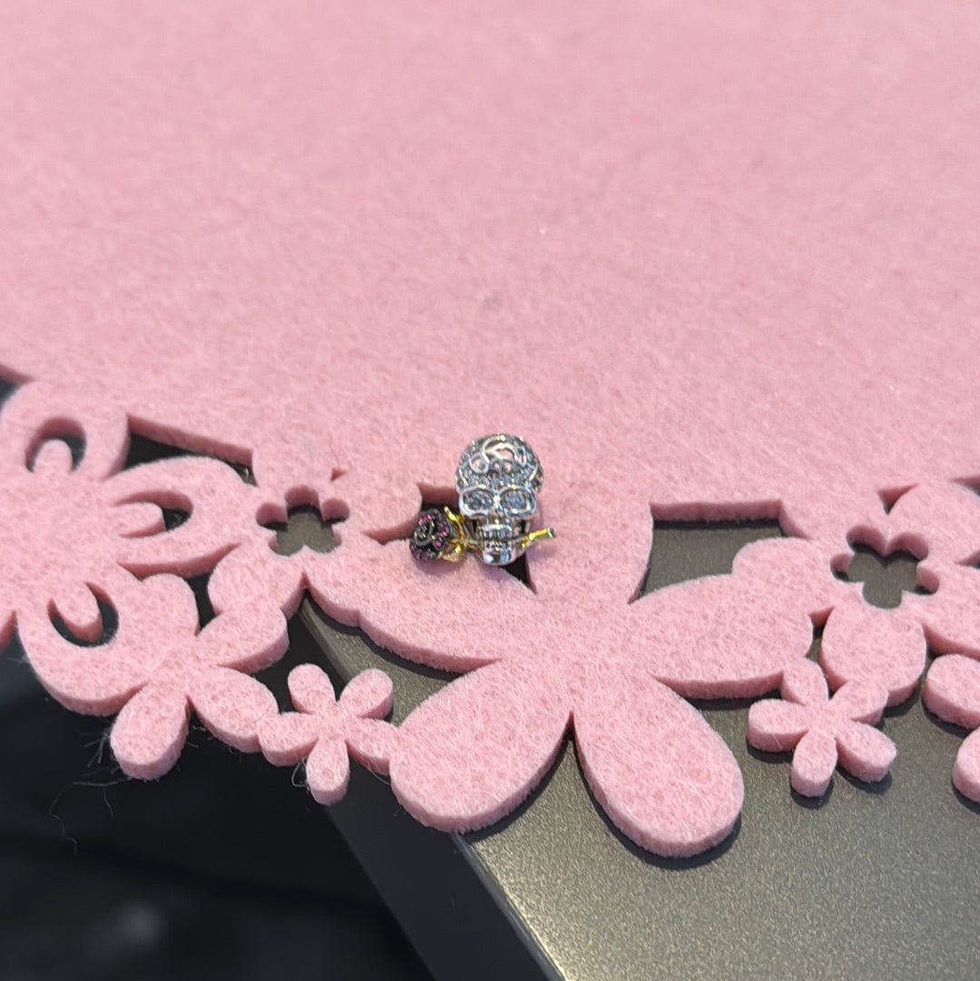 Genuine Gnoce Pave Silver Skull With Gold Rose Charm