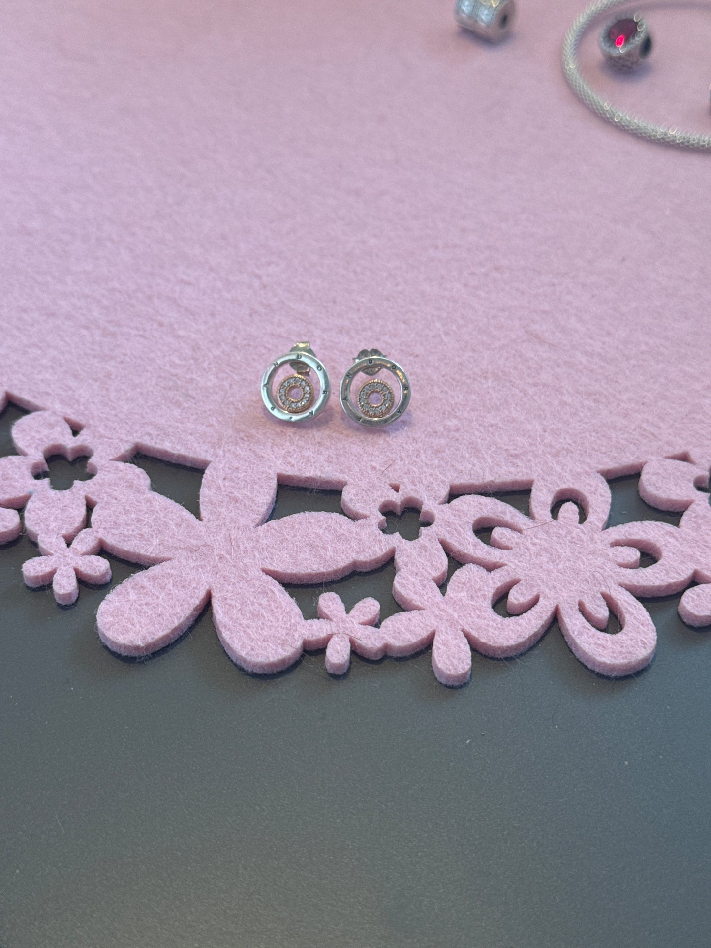 Genuine Pandora Rose Gold & Silver Circle Pave Sparkle Earrings