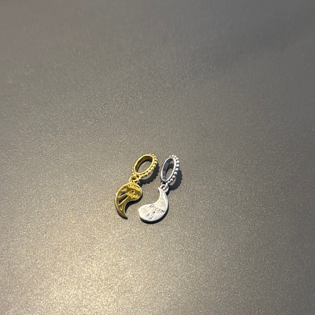Genuine Pandora Yin and Yang Moon and Star Double Shine Gold Charms With CZ Dangle