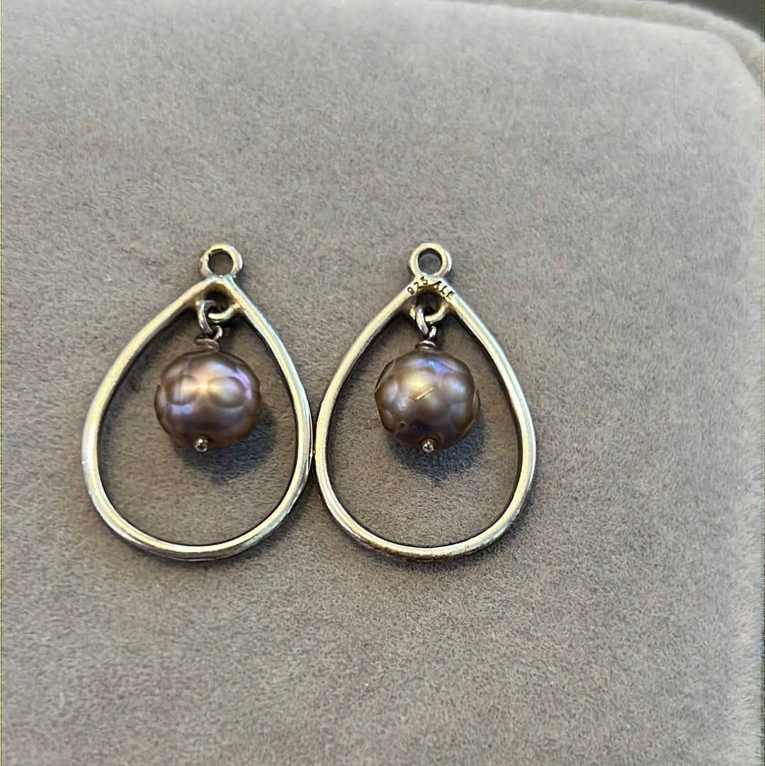 Genuine Pandora Silver Dangle Earring Charms Purple Faceted Pearl (Compose)