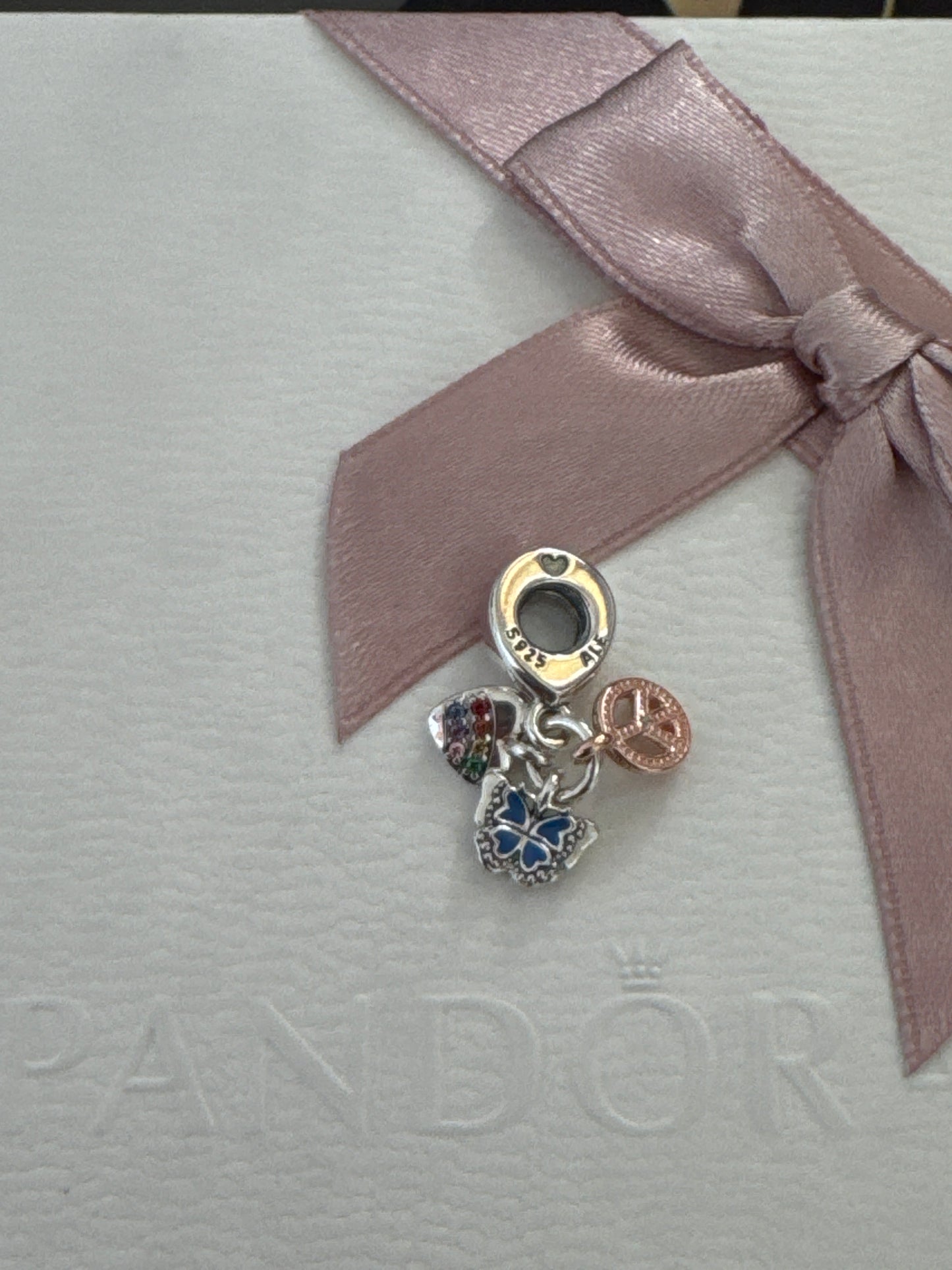 Genuine Pandora Triple Tri Tone Peace Butterfly Rainbow Dangle Charm