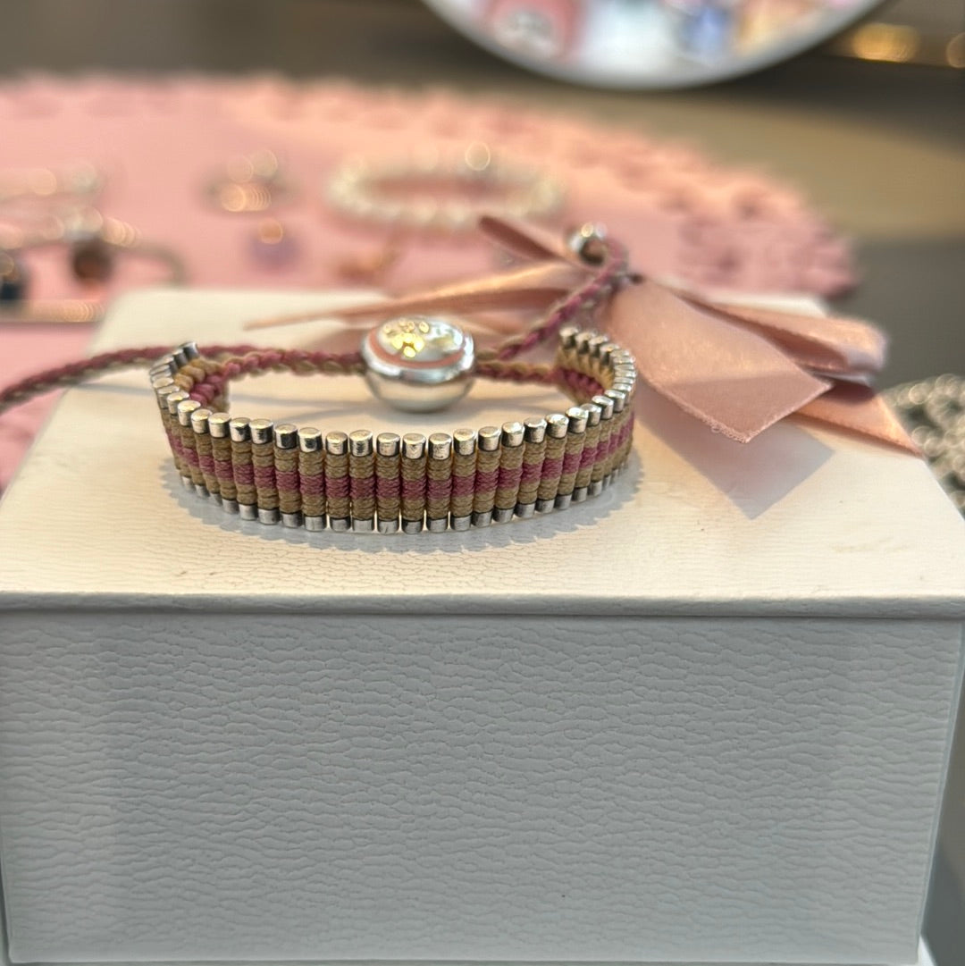 Genuine Links of London Sterling Silver Bracelet Cord Friendship Bar Pink and Cream