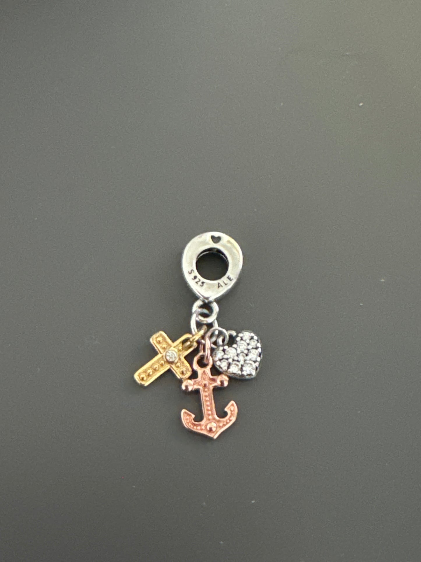Genuine Pandora Triple-tone Cross, Heart, & Anchor Dangle Charm
