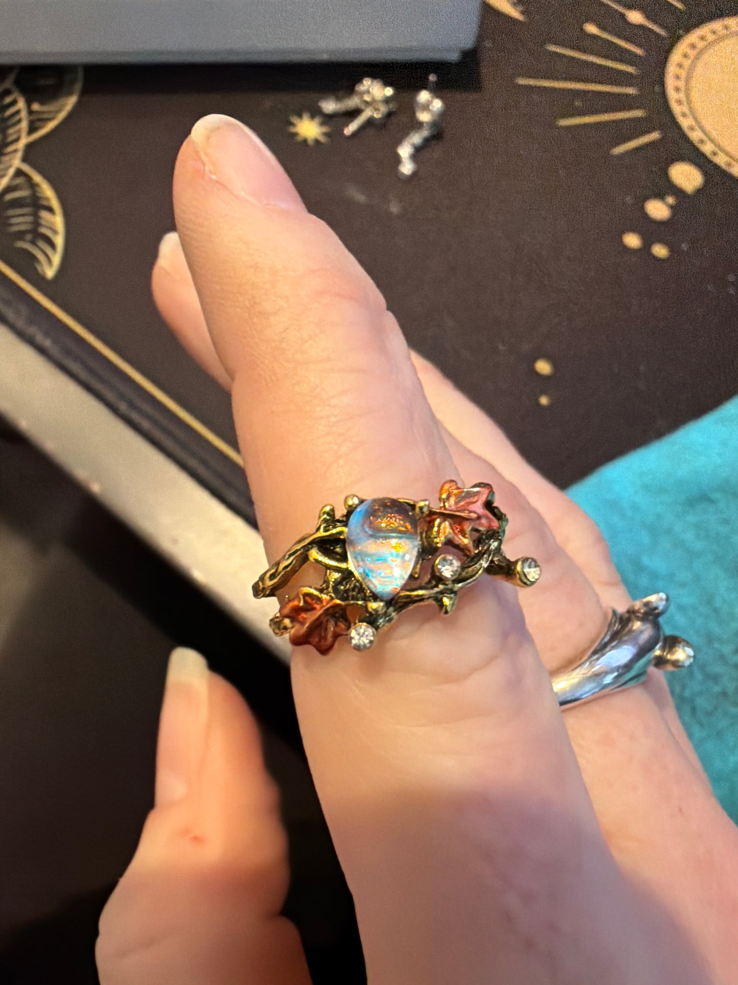 Sterling Silver Gold Plated Autumn Leaf Opal Nature Ring 58