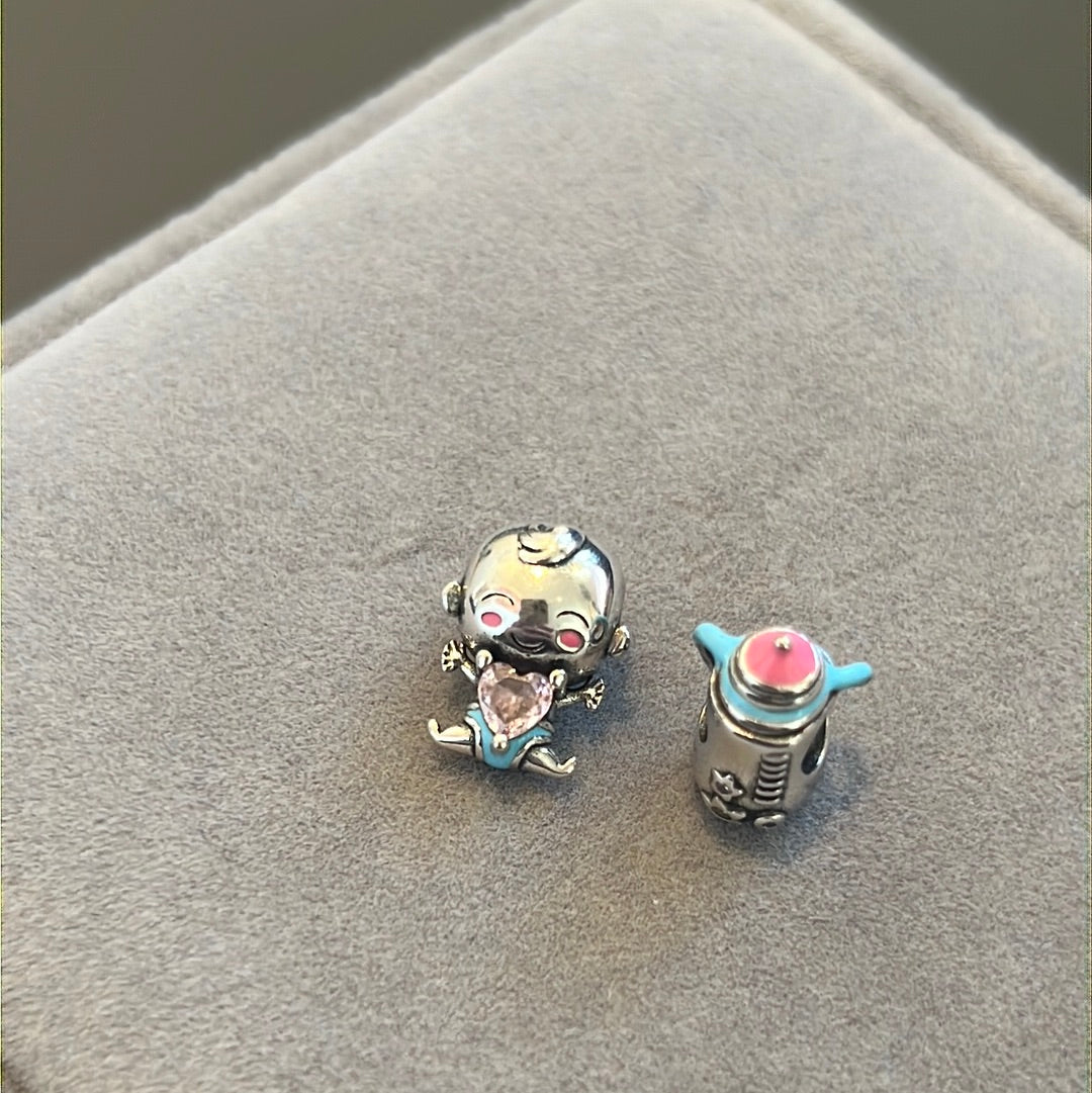 Sterling Silver Baby Boy and Bottle Enamel Charms
