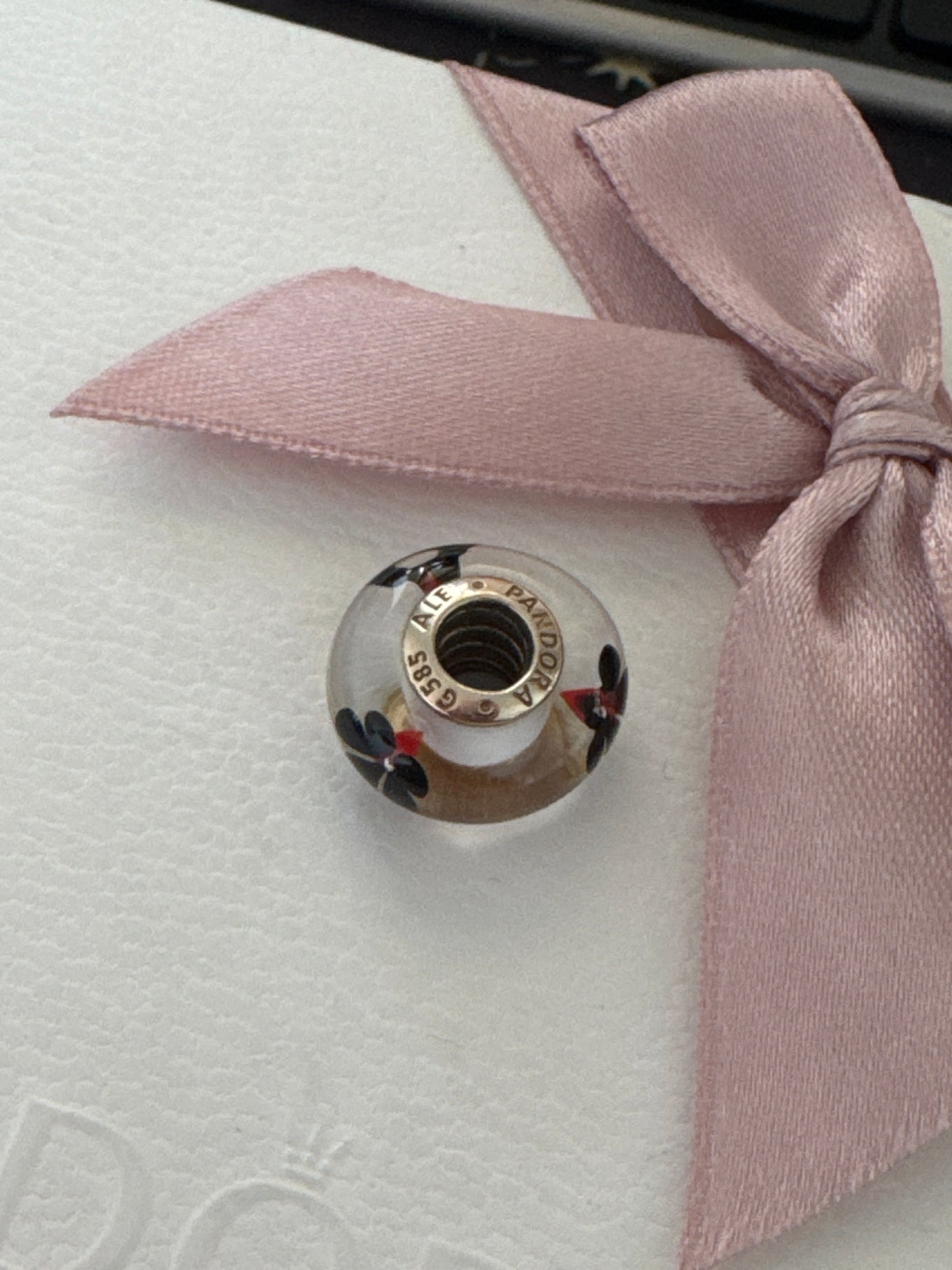 Genuine Pandora Solid 14ct Gold White Murano With Black and Red Flower Charm HTF