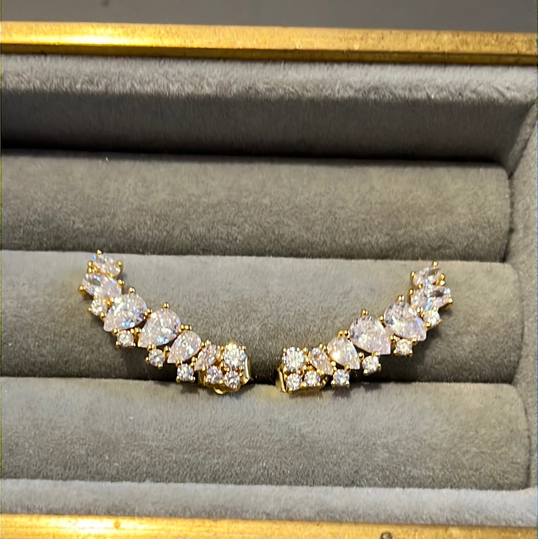 Brand New Sterling Silver Gold Plated Pave Cz Clear Large Creeper Stud Earrings