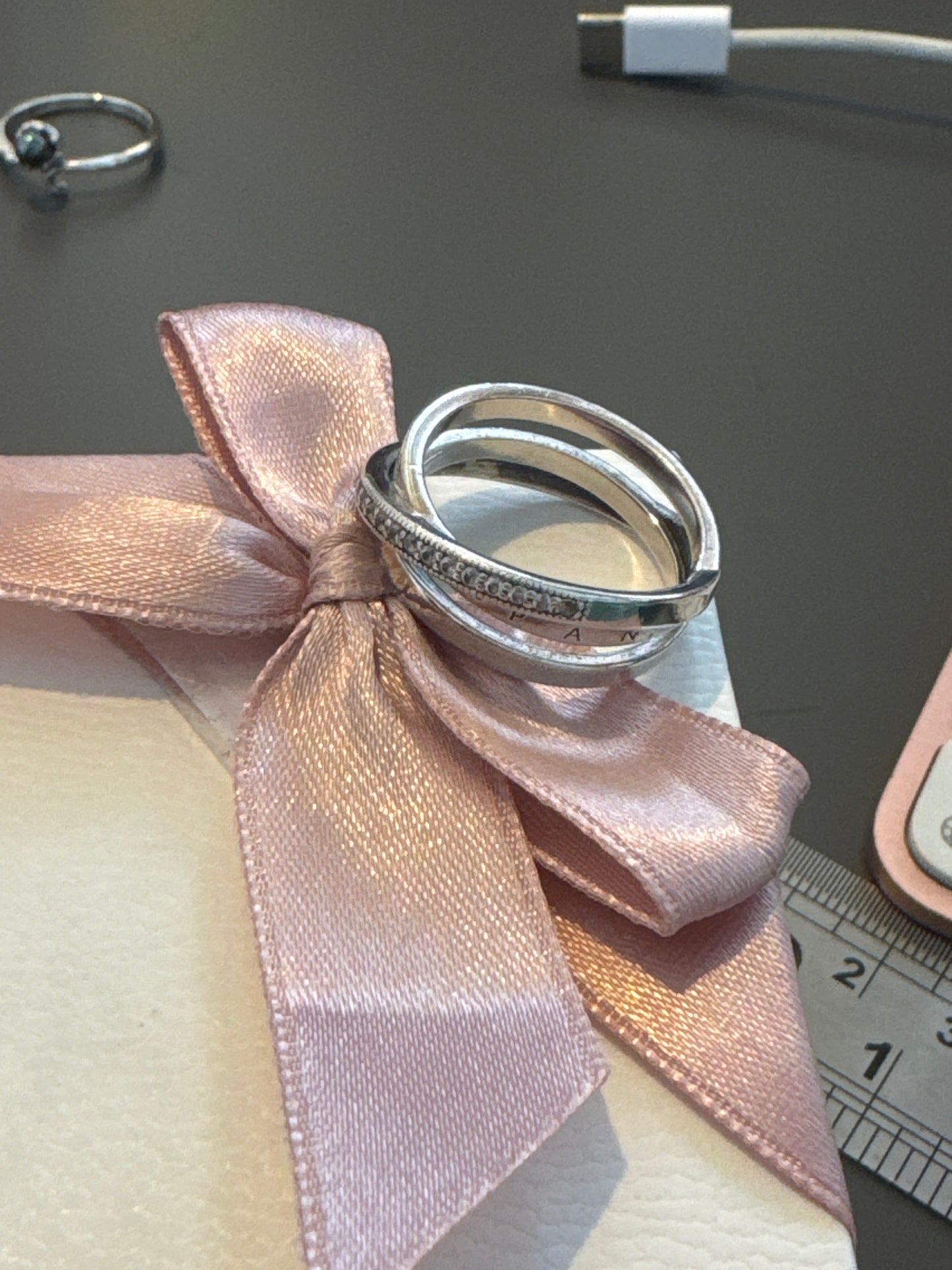 Genuine Pandora Rose Gold Crossover Pave Triple Band Logo Ring Size 56