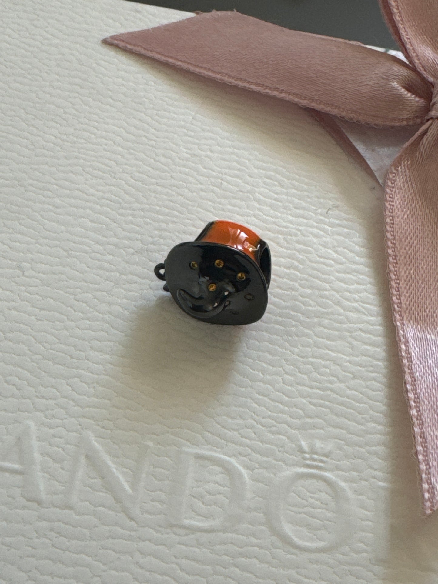 Genuine Gnoce Enamel Pumpkin CZ Hat Dangle Halloween Charm