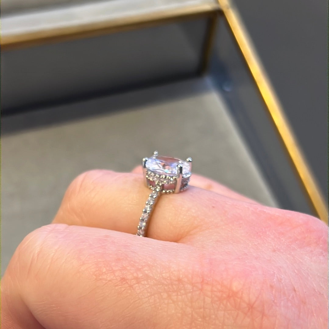 Brand New Silver Plated Pave CZ Oval Stone Ring 58