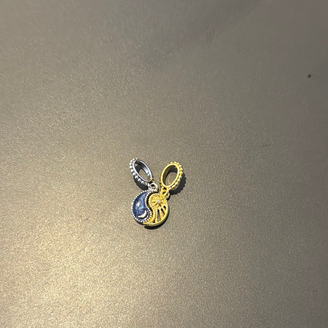 Genuine Pandora Yin and Yang Moon and Star Double Shine Gold Charms With CZ Dangle