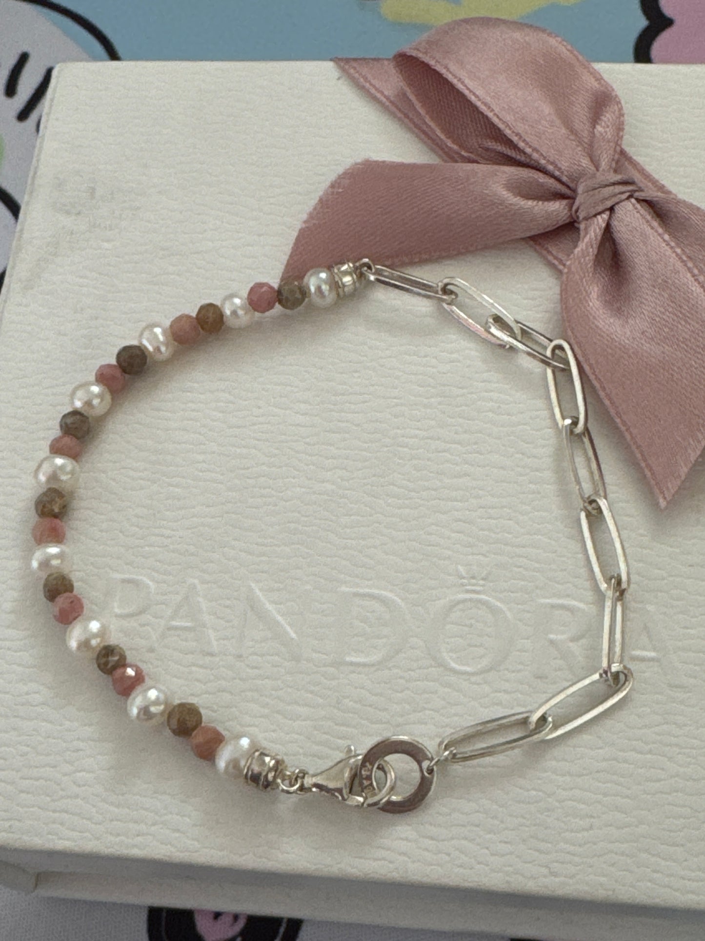 Genuine Thomas Sabo Pearl and Gemstone & Link Paperclip 19cm Bracelet