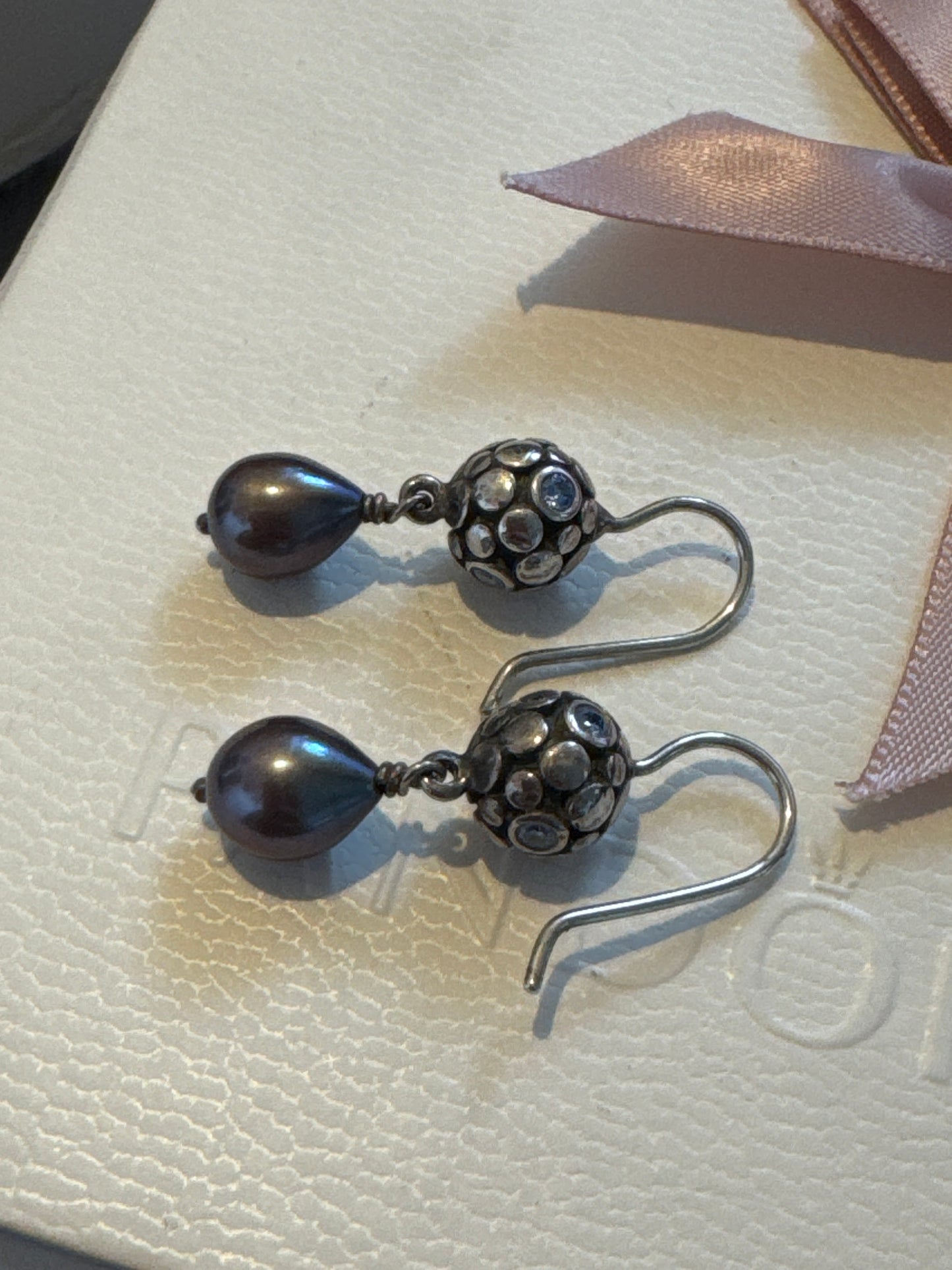 Genuine Pandora Compose HTF Retired and Rare Blue Bubble Cz Grey Pearl Dangle Earrings