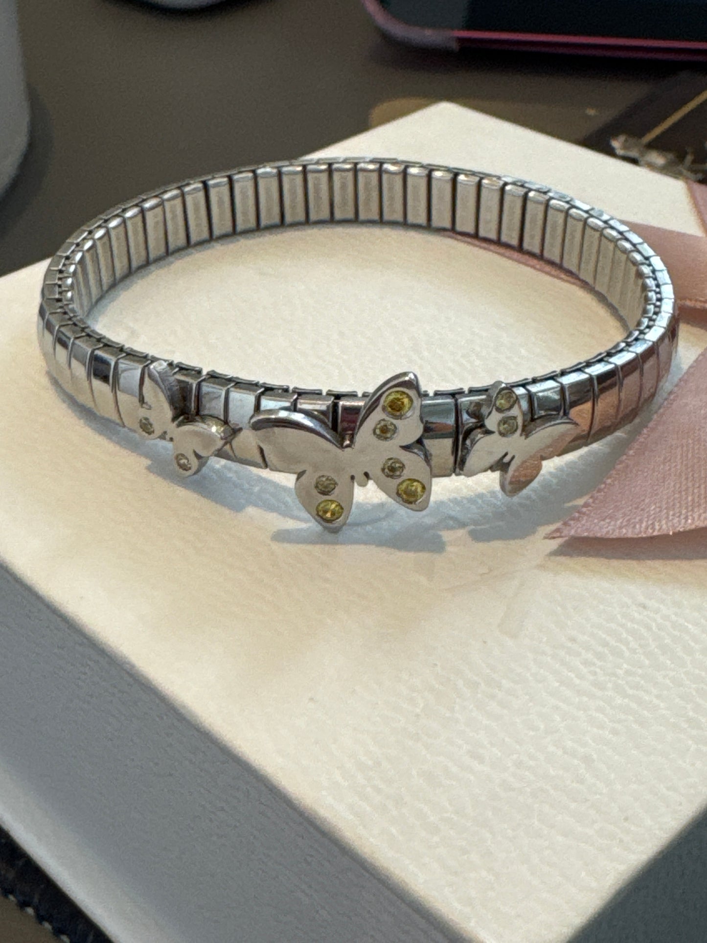 Genuine Nominations Sterling Silver Pave Yellow Stone Butterfly Stretch Bracelet