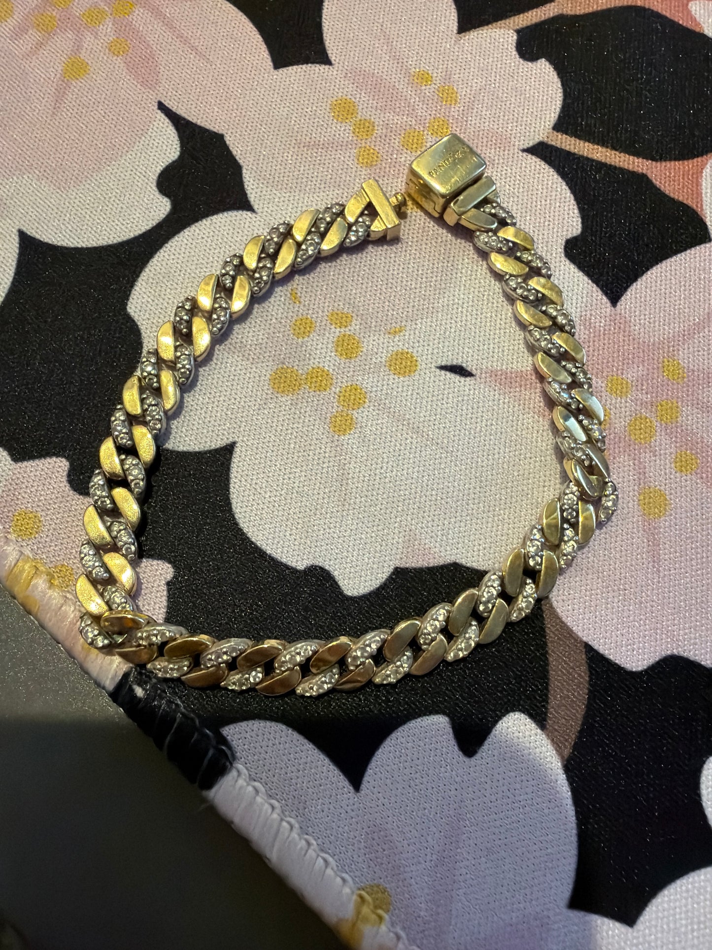 Genuine Pandora Pave Two Tone Cuban Chain Bracelet 18cm