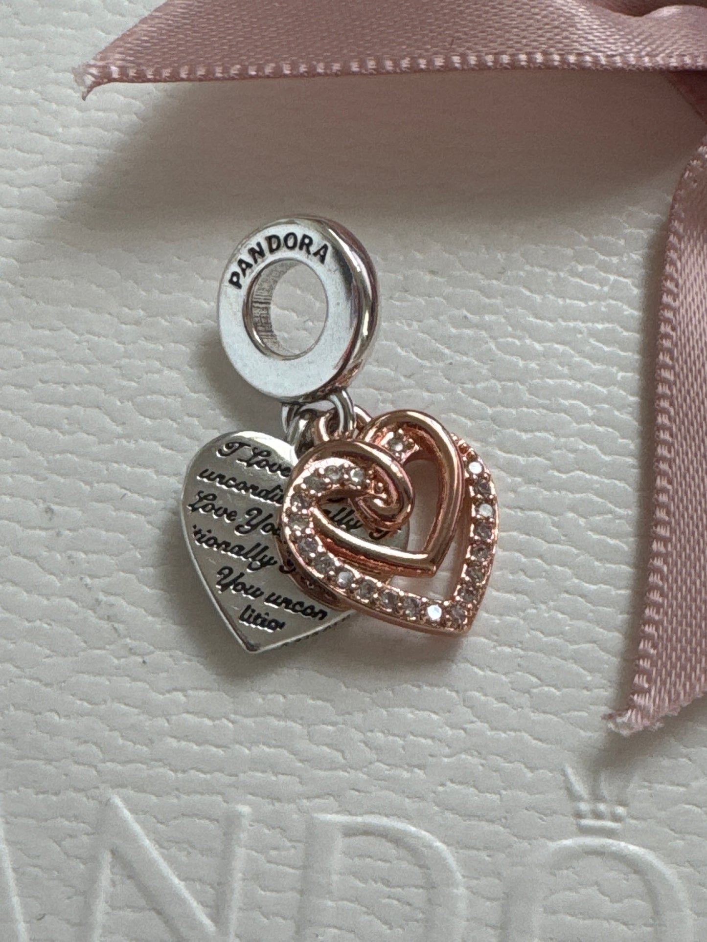 Genuine Rose Gold Pandora Sparkling Entwined Hearts Dangle Pave Charm