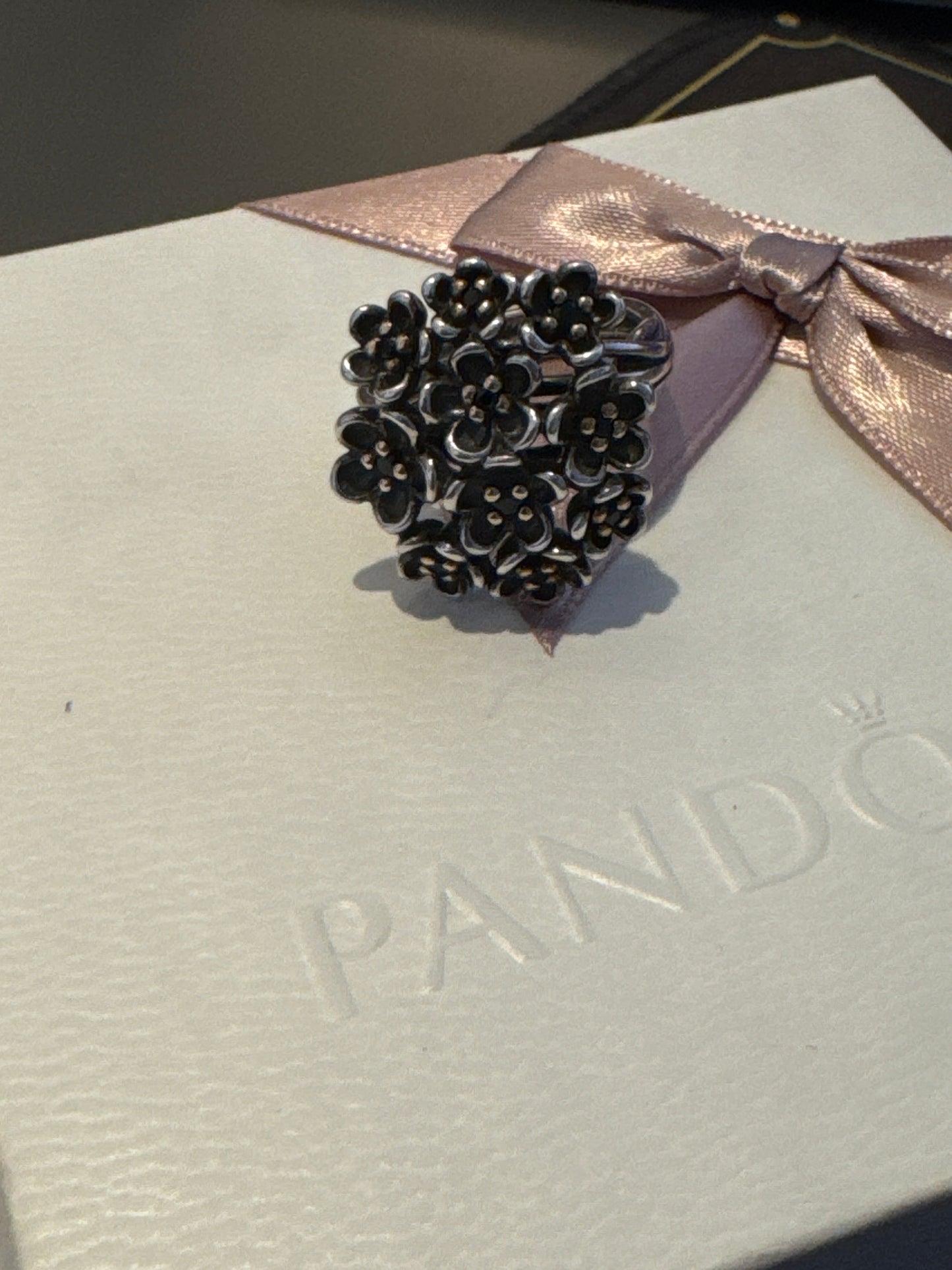 Genuine Pandora Two Tone Black Spinel Forever Bloom Ring HYPER RARE 58