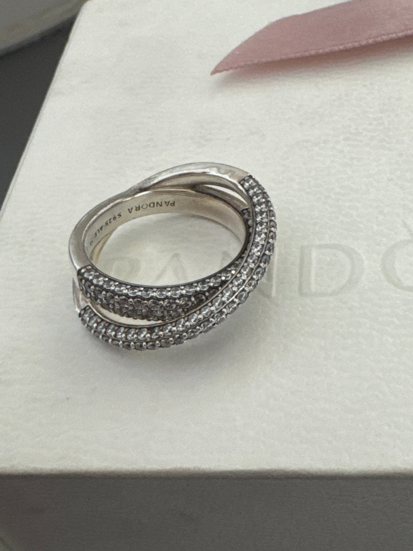 Genuine Pandora Pave Timless Clear Stone Crossover Ring Size 56