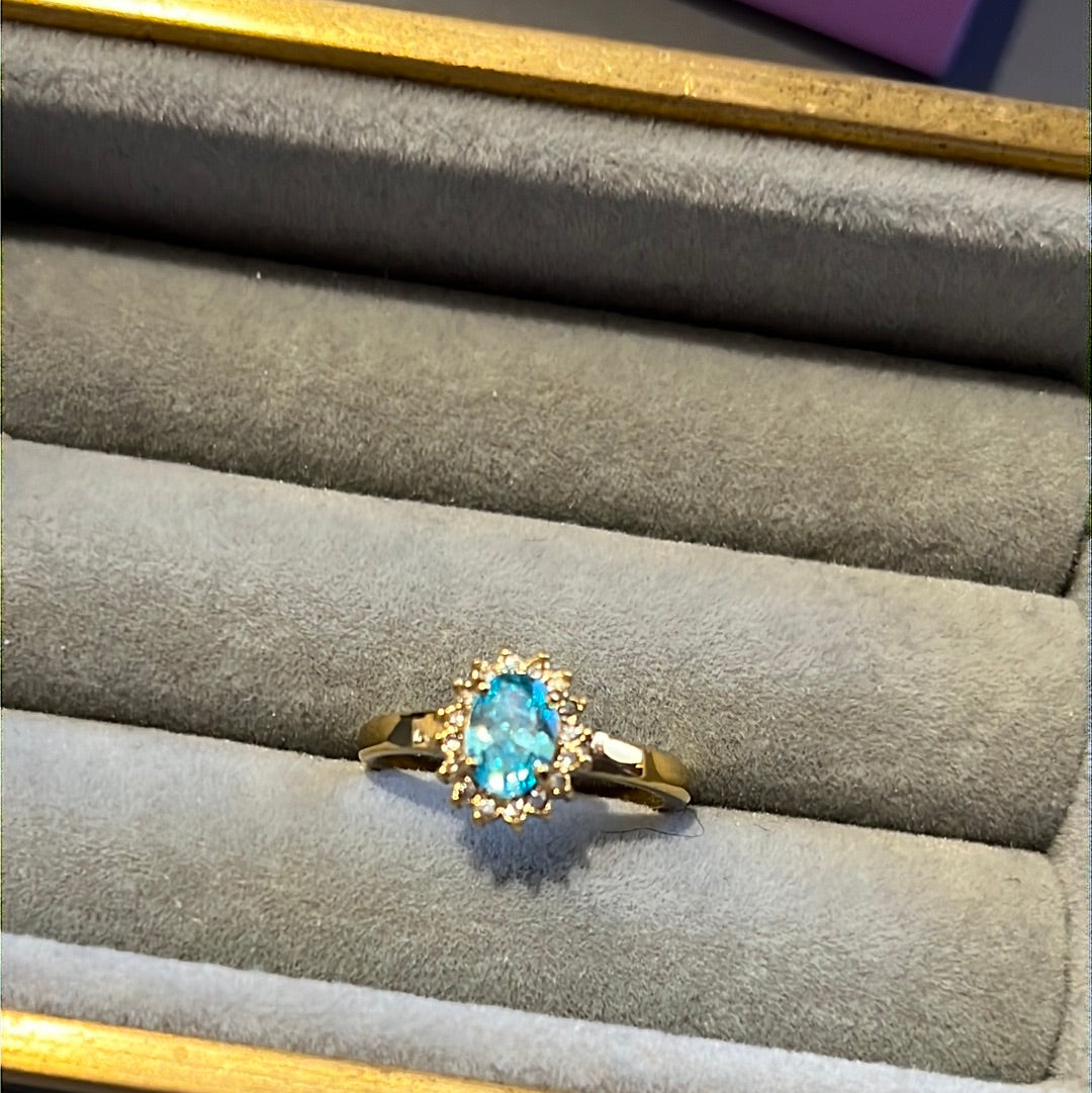 Brand New Gold Plated Pave Light Blue Oval CZ Heart Ring 54