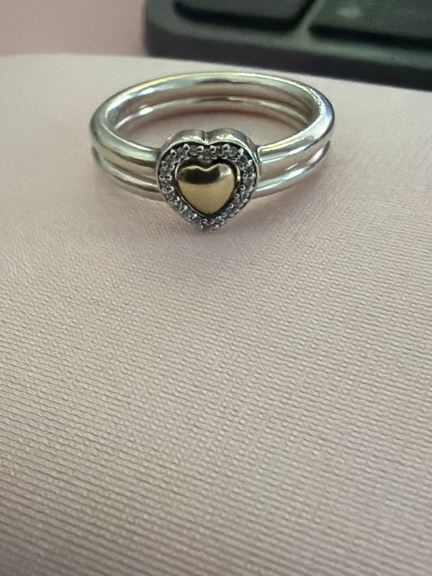 Genuine Pandora Puzzle Piece Pave Openwork Ring & Solid Gold Heart RIngs Size 50