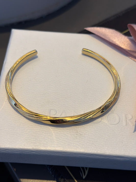 Genuine Pandora Shine Gold Twisted Metal Open Torque Bangle Size 3