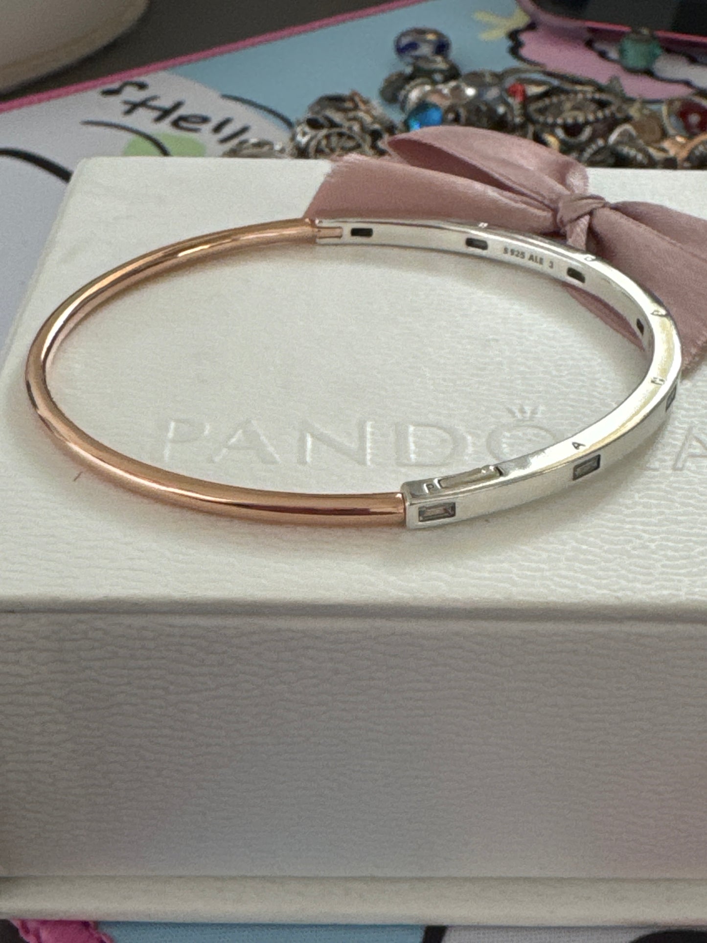 Genuine Pandora Signature I-D rose Gold & Silver With CZ Bangle Size 3