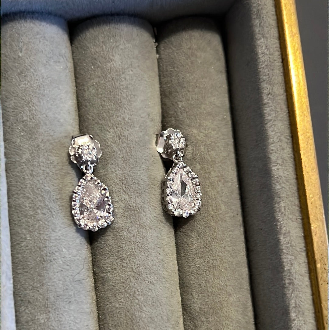 Brand New Sterling Silver Pave Clear Teardrop Dangle Earrings