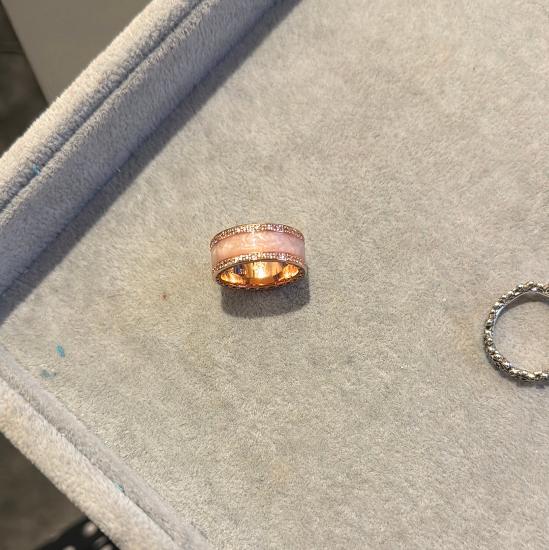 Genuine Pandora Rose Gold Huge Chunky Cream Enamel Ring Pave Triple Layer Ring in Size 58