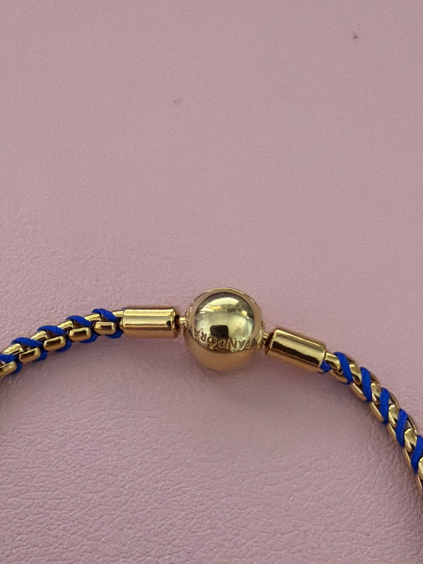 Genuine Pandora Moments Shine Gold and Blue Cord Box Plait Bracelet 19cm