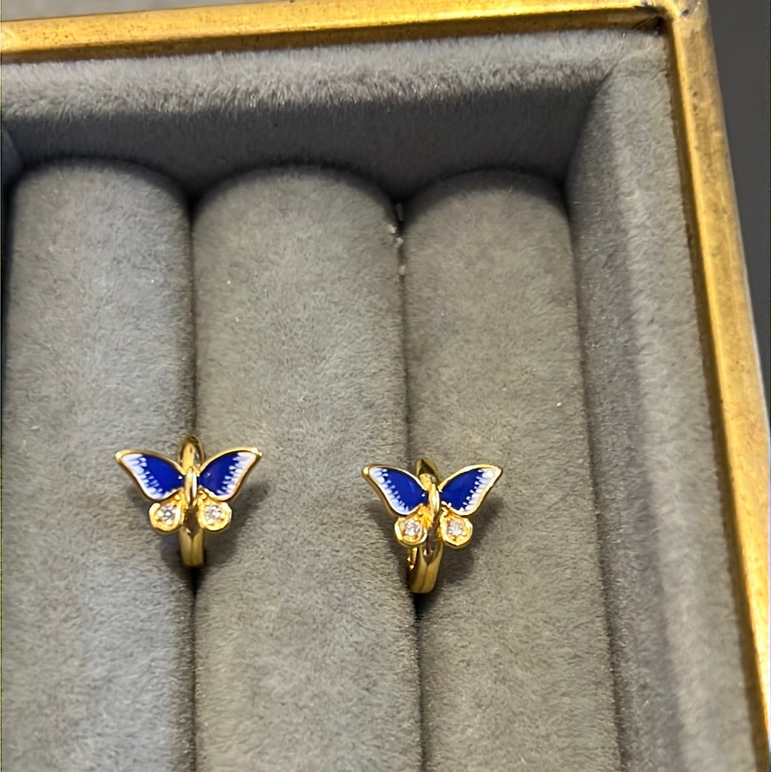 Brand New Gold Plated Small Hoop Earrings With Blue Pave Enamel Butterflies