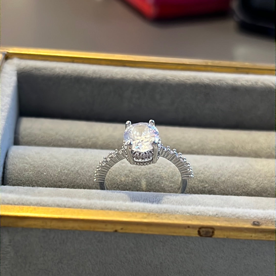 Brand New Silver Plated Pave CZ Oval Stone Ring 58
