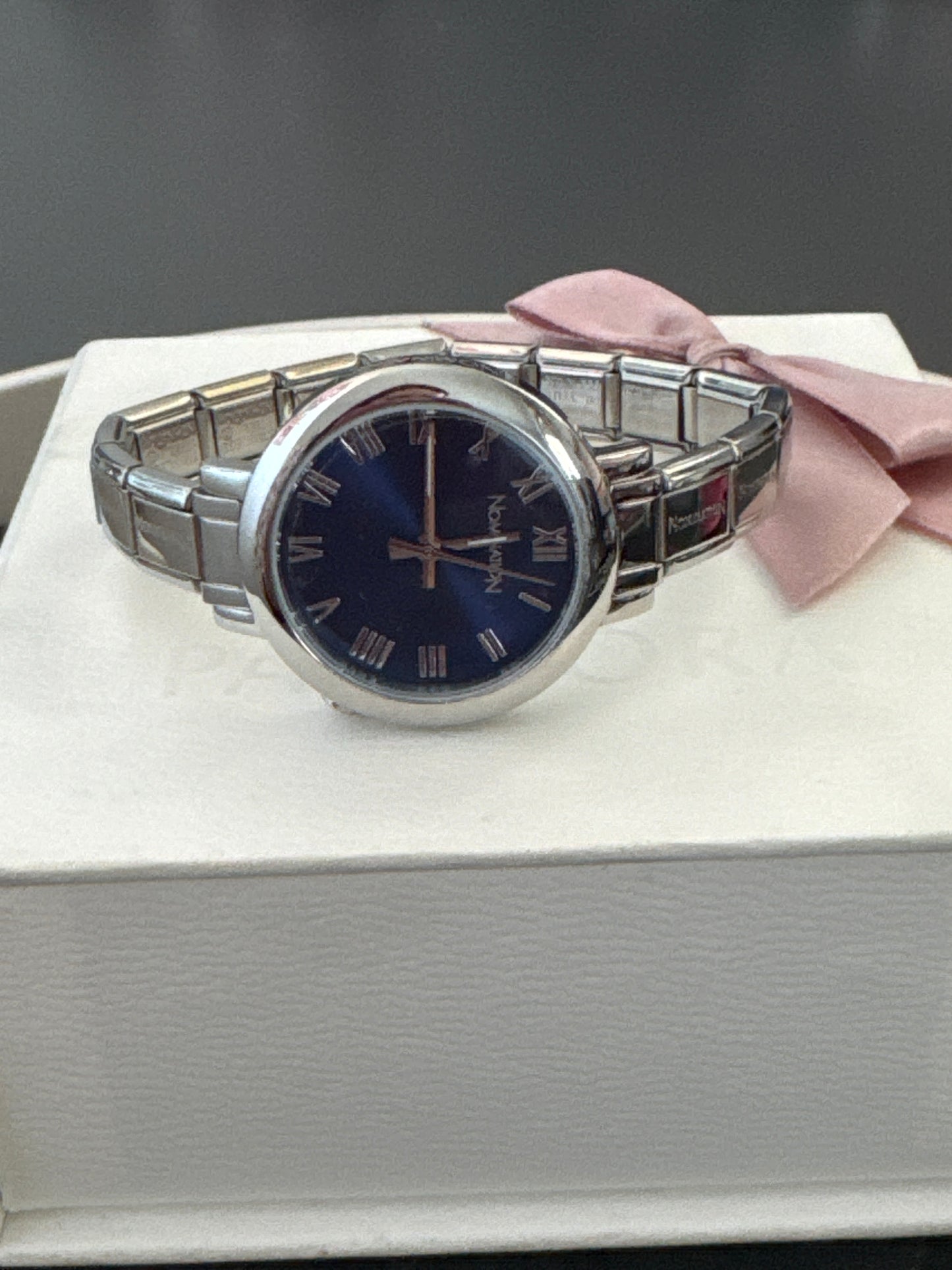 Genuine Nominations Silver Link Watch Adjustable Blue Face